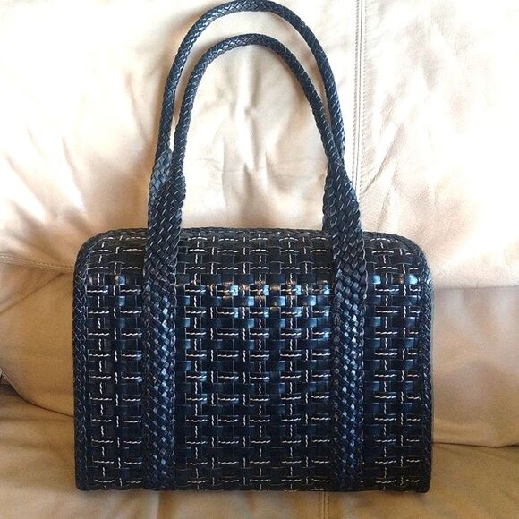 Vintage 90s Black Woven Leather Handbag - Picture 2 of 16